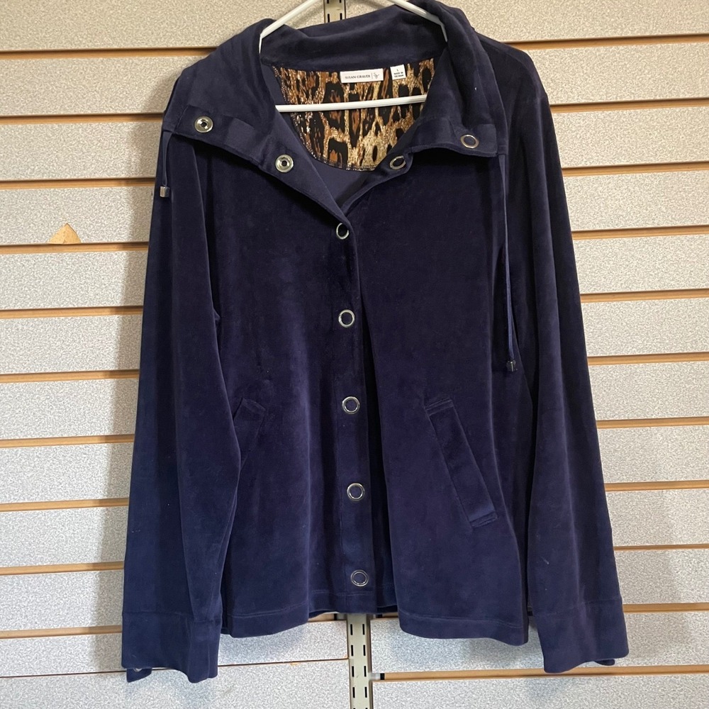Susan‎ Graver Women's Velvet Button Front Jacket Leopard Lined Navy Sz L